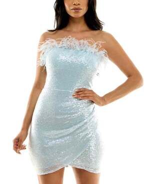 NWT Womens Light Blue Strapless Sequin Feather Trim Cocktail Dress Size 4